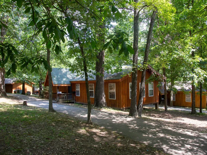 Camping cabins in the woods with sun and shadows